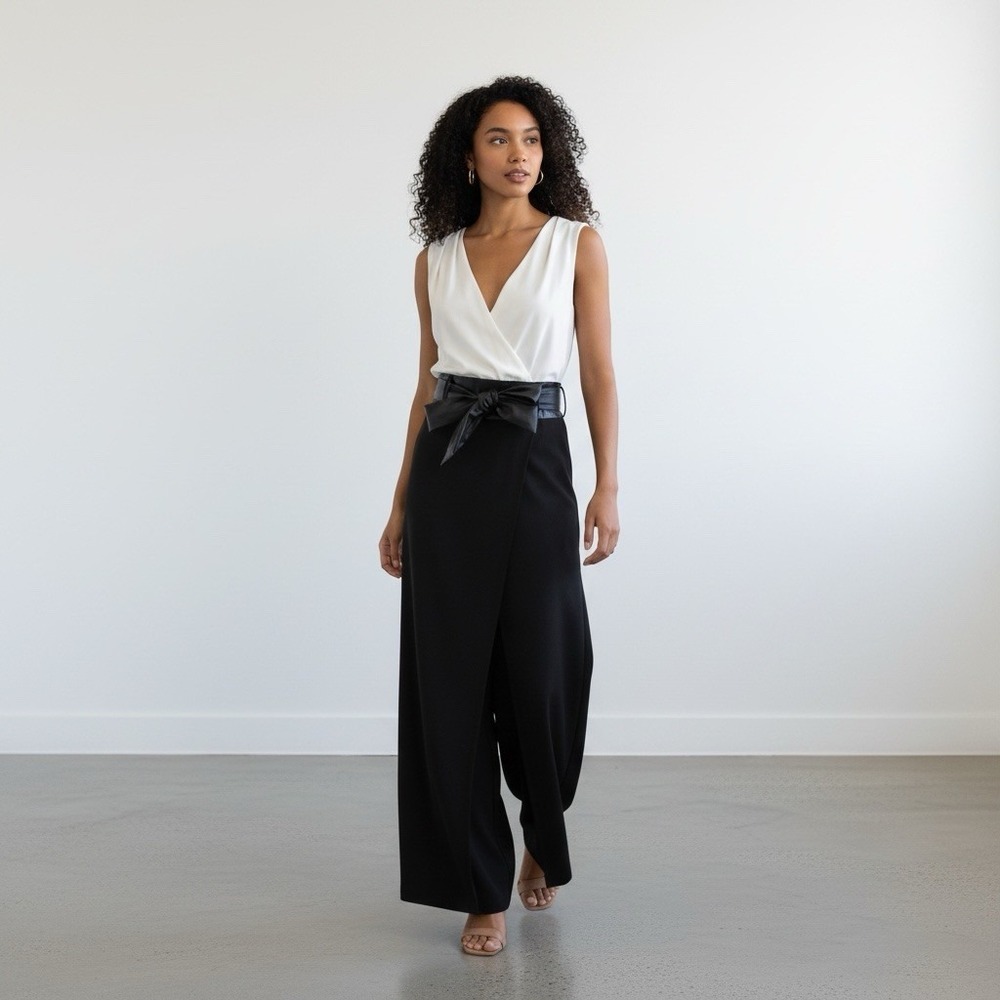 Shelby and Palmer Black White/ivory jumpsuit Split Flare Leg V-neck Belt Bow 10